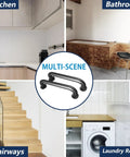 Heavy Duty 12 Inch Black Metal Handrails for Indoor and Outdoor Safety, Sturdy Grab Bars for Elderly With 440 Lb Load Capacity shown in kitchen, bathroom, stairways, and laundry room.