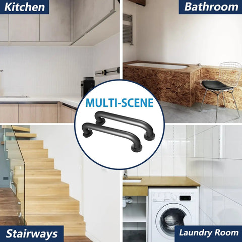 Heavy Duty 12 Inch Black Metal Handrails for Indoor and Outdoor Safety, Sturdy Grab Bars for Elderly With 440 Lb Load Capacity shown in kitchen, bathroom, stairways, and laundry room.