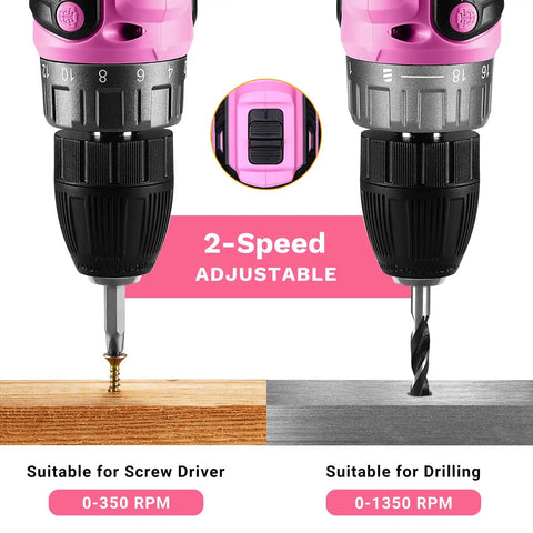 Pink Cordless Drill Kit With Battery And Charger, 20V Electric Power Drill For Women, 2-Speed Settings, Suitable For Wood and Metal