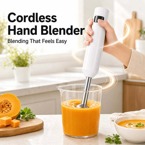 Cordless Immersion Hand Blender And Stick Blender With Straight Up Powerful Brushless Motor And Responsive Variable Speed Switch Plus Fast USB C Charging For Smooth Soups And Sauces Easy Breezy Cleanup That Makes Dinner Time A Cinch blending soup in glass container with fresh vegetables in background.