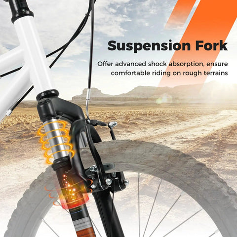 Kids Mountain Bike With 6 Speed Drivetrain Front Suspension Fork Dual Brakes Adjustable Seat 20 To 24 Inch White Youth