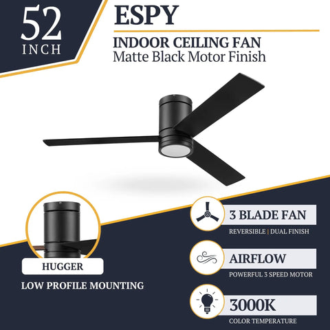 Espy Modern 52 Inch Ceiling Fan With Light And Remote Control, Flush Mount Indoor Ceiling Fan, Matte Black Finish, 3 Blades