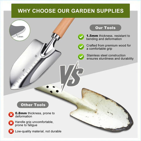 Comparison of premium stainless steel garden spade vs standard spade, showing thickness and grip benefits for 9 Piece Garden Tools Set For Women