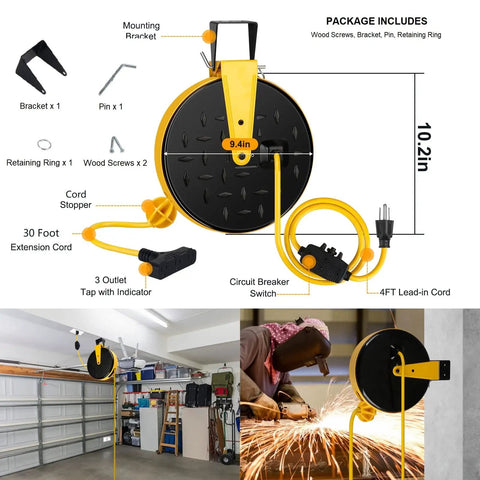 30 Foot Retractable Extension Cord Reel With 16 AWG SJTW Heavy Duty Cable, 3 Outlets And 10 Amp Circuit Breaker, Ceiling Or Wall Mountable In Metal Housing, UL Listed For Home Garage And Shop Use Built For Tough Jobs