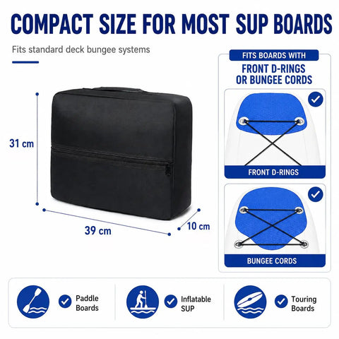 Compact Front Deck SUP Storage Bag with Insulated Cooler for 12ft 6in Paddle Boards, fits inflatable and hard boards