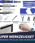 Mega-Value 140in1 Precision Screwdriver Set With Case showing tools including magnetizer, anti-static strap, and case opener.