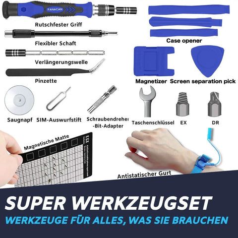 Mega-Value 140in1 Precision Screwdriver Set With Case showing tools including magnetizer, anti-static strap, and case opener.