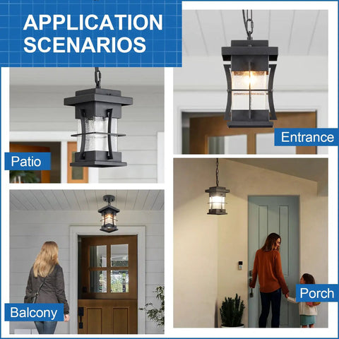 Motion Outdoor Pendant Light With Dusk To Dawn Sensor Exterior Hanging Lantern in use on patio, balcony, entrance, porch