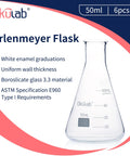 Sturdy Borosilicate 3 3 Glass Conical Flask Set With Printed Graduation 50 Milliliters Each Six Pack Great For Lab Experiments Tough As Nails Built Heat And Chemical Resistant.