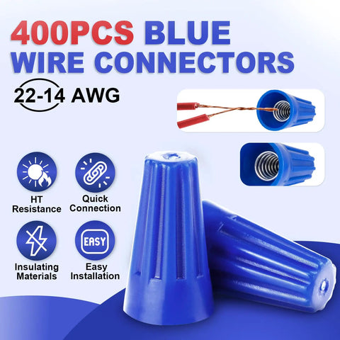 400 Piece Blue Twist On Wire Connectors Built Tough Electrical Wire Caps For 22 To 14 AWG Copper Conductors With Slick Finish and Dang Easy Install For Home Wiring Jobs