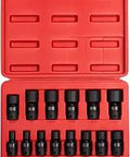 Half Inch Drive Universal Impact Socket Set, 14-Piece SAE 7/16 To 1-1/4, Cr-Mo Alloy Steel, Radius Corner Design in red storage case