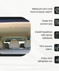 Installed beige automotive headliner fabric with foam backing in car interior (front seats and sunroof).
