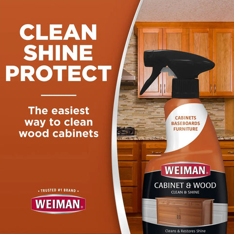 Heavy Wood Cabinet Cleaner Spray Brings Back Straight Up Shine With Zero Oily Mess For Kitchen Cupboards Furniture Tables Baseboards Trim Includes Plush Microfiber Rag Two Pack Sixteen Oz displayed in kitchen setting.