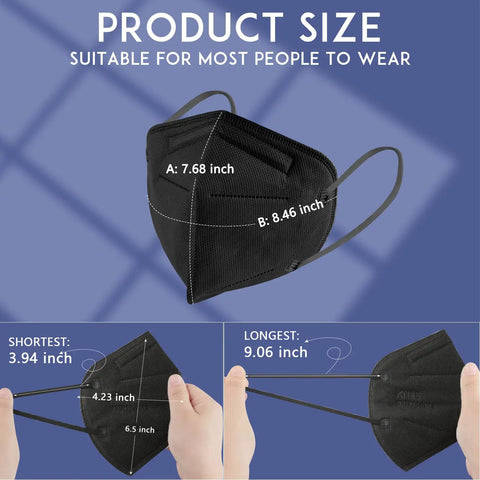 Five Layer Breathable Face Mask Pack For Adults With Cup Design And All Day Comfort Fit Protection Against PM25 Dust Indoor Outdoor Use Unisex Size Bulk 50 Count showcasing product dimensions.