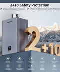 Pro Grade 199k Btu Natural Gas Tankless Water Heater With Smart Wifi And 10.3 Gpm Flow For Indoors showing 2+10 safety features.
