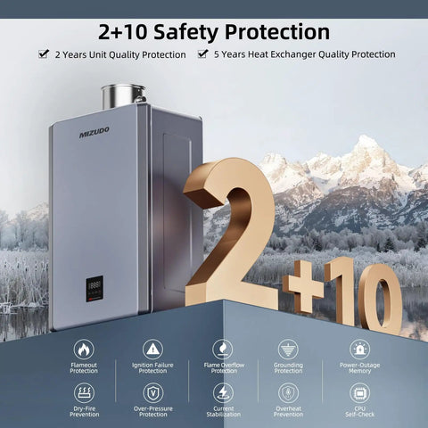 Pro Grade 199k Btu Natural Gas Tankless Water Heater With Smart Wifi And 10.3 Gpm Flow For Indoors showing 2+10 safety features.