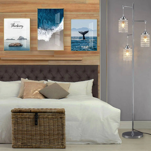 Three-Light Contemporary Crystal Floor Lamp With K9 Crystal Lampshade Chrome Finish For Living Room Bedroom Or Office Bulb Included Stable Base Kid And Pet Safe Easy Assembly For Quick Setup in a bedroom setting