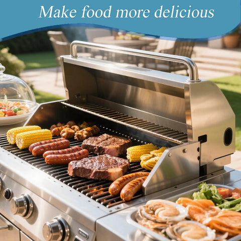 Char-Broil grill with 3 pack 304 stainless steel grill grates and emitter plate replacement kit, loaded with meats and vegetables.