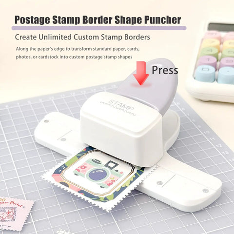 Adjustable Postage Stamp Border Punch For Scrapbooking And Card Making, Stamp Shaped Paper Punch For DIY Greeting Cards, Journaling, And Paper Crafts In Mauve Finish, Wicked Easy Custom Borders Along Edges on crafting mat