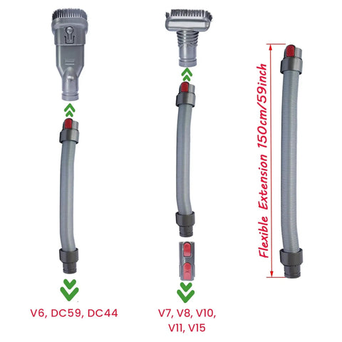 Flexible Extension Hose And Vacuum Attachments Kit For Popular Cordless Vacuums V11 V10 V8 V7 V6 DC74 DC62 DC59 DC44 Replacement Parts Dust Brush Set Bundle showing hose and adapter parts.