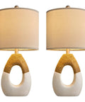 Small Boho Table Lamps Set Of 2 For Bedroom And Living Room, Farmhouse Rattan Rustic Nightstand Lamps, Egg Shape With Cotton Linen Shade