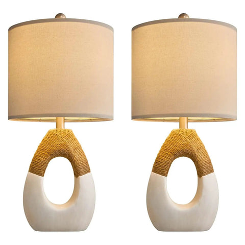 Small Boho Table Lamps Set Of 2 For Bedroom And Living Room, Farmhouse Rattan Rustic Nightstand Lamps, Egg Shape With Cotton Linen Shade