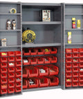 Super Heavy Duty Steel Workshop Storage Cabinet Featuring 68 Red Plastic Bin Trays And Adjustable Interior Shelves For A Hella Neat Garage Organization System showing organized bins and tools.