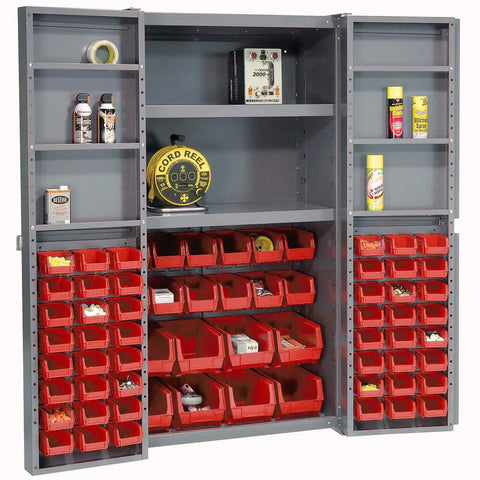 Super Heavy Duty Steel Workshop Storage Cabinet Featuring 68 Red Plastic Bin Trays And Adjustable Interior Shelves For A Hella Neat Garage Organization System with bins filled and shelves.