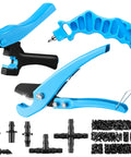 2 In 1 Drip Irrigation Hole Punch Cutter With Barbed Connectors For One Quarter Inch Fittings And 16 20 25 mm PE Pipe Includes 230 Blue Irrigation Plugs For Quick Emitter Setup And Clean Tubing Installation, showing tools and connectors.