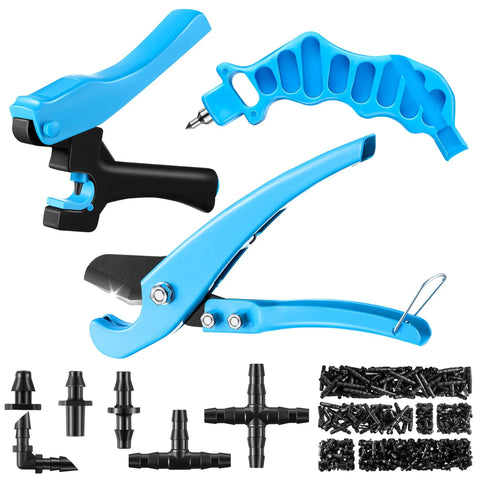 2 In 1 Drip Irrigation Hole Punch Cutter With Barbed Connectors For One Quarter Inch Fittings And 16 20 25 mm PE Pipe Includes 230 Blue Irrigation Plugs For Quick Emitter Setup And Clean Tubing Installation, showing tools and connectors.