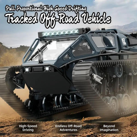 1:16 Large RC Tank Car With 2.4G Anti Interference Remote showing armor style on rugged terrain