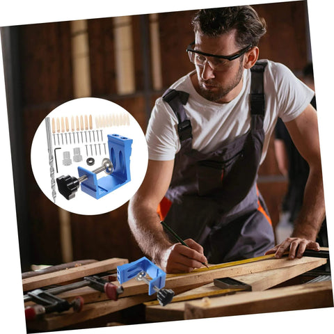 Woodworker using Pocket Hole Jig Kit For Woodworking With Easy Assembly, Dowel Kit And Drill Bit Guide, Durable Angle Hole Tool