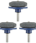 Drill Powered Lawn Mower Blade Sharpener Kit Pack Of 3 with blue plastic base and metal shaft for mower blade sharpening.