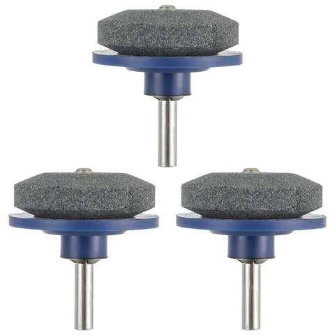 Drill Powered Lawn Mower Blade Sharpener Kit Pack Of 3 with blue plastic base and metal shaft for mower blade sharpening.