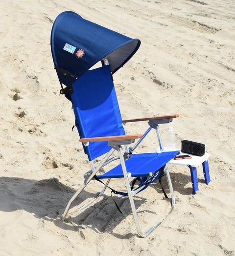 Clip On Personal Sun Shade For Beach Chairs, Adjustable Forward Or Back, Navy, on a sandy beach