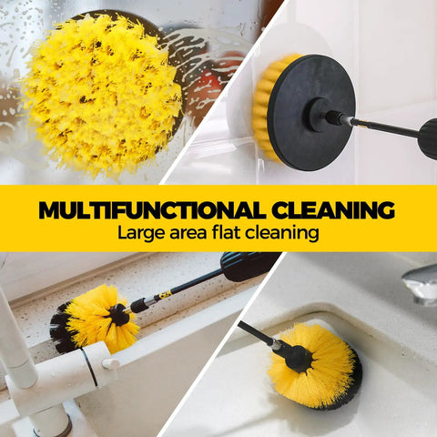 Eight Piece Drill Brush Attachment Set For Power Scrubbers cleaning shower, tile, and sink with nylon bristles.
