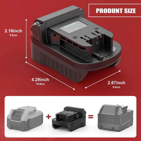 DeWalt 18V 20V To Milwaukee 18V Battery Adapter Converter Tool Only with dimensions on red background