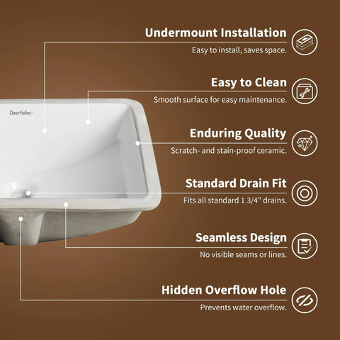 Top Shelf Undermount Bathroom Sink White Rectangle Basin With Overflow Drain Glazed Ceramic Finish For Modern Bar Vanity features detailed info.