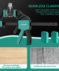 8 Pack Bar Clamps For Woodworking Set with soft rubber cover for seamless clamping and protective features displayed.