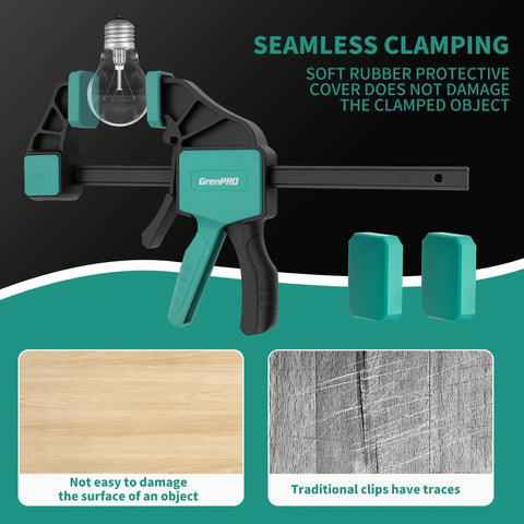 8 Pack Bar Clamps For Woodworking Set with soft rubber cover for seamless clamping and protective features displayed.