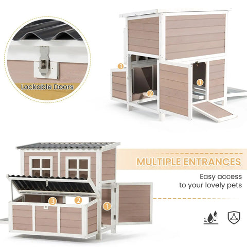 40 Inch Wooden Chicken Coop With 3 Lockable Nesting Boxes For 4 To 6 Chickens Outdoor Hen House With Removable Tray For Backyard Garden Easy Clean Brown Finish showing multiple entrances and lockable doors
