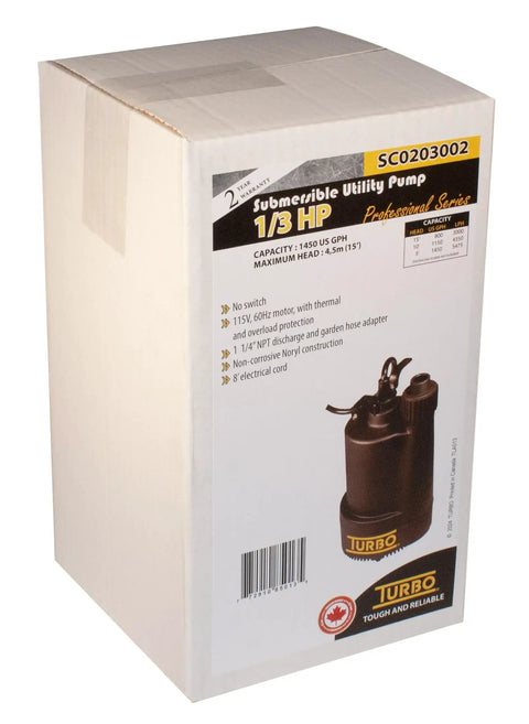 Box of 1/3HP Submersible Utility Pump With No Switch, 115V 60Hz Motor, Thermal And Overload Protection, 1 1/4 Inch Discharge