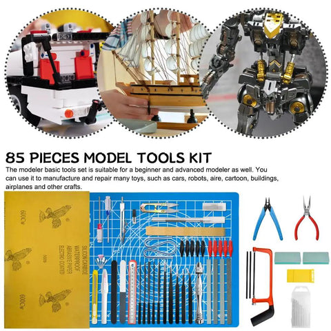 85 Piece Model Tools Kit For Hobbyists And Beginners includes tools and sandpaper for cars, airplanes, robots, Gundam models.