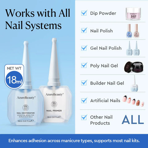 18ml Nail Dehydrator and Primer Pro Grade Set Acid Free and Hema Free bottles with nail system compatibility list
