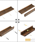 Three Piece Floating Wall Shelves Set With 47 Inch Long Ledges Raised Edge And Hidden Brackets Rustic Brown Dope Space Saver For Bathroom Kitchen Bedroom Office Living Room Decor And Display Storage, shown with mounting hardware