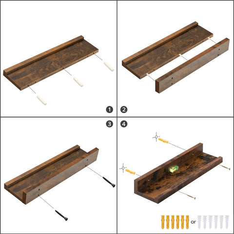 Three Piece Floating Wall Shelves Set With 47 Inch Long Ledges Raised Edge And Hidden Brackets Rustic Brown Dope Space Saver For Bathroom Kitchen Bedroom Office Living Room Decor And Display Storage, shown with mounting hardware