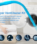 Universal Dryer Vent Cleaner Kit with Flexible Hose in use next to laundry machine, blue vacuum attachment displayed.