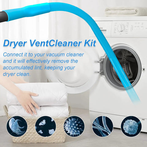 Universal Dryer Vent Cleaner Kit with Flexible Hose in use next to laundry machine, blue vacuum attachment displayed.
