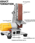 Mini Electric Belt Sander Knife Sharpener Bench Grinder With Polishing Wheel Sanding Belts And Pads showing electric motor, abrasive belt, and control switch.