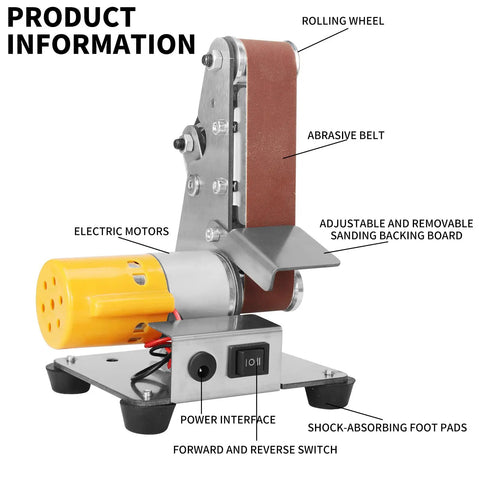 Mini Electric Belt Sander Knife Sharpener Bench Grinder With Polishing Wheel Sanding Belts And Pads showing electric motor, abrasive belt, and control switch.